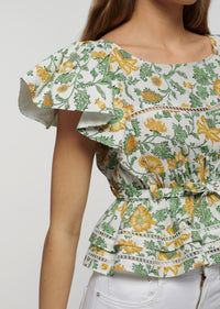 Yellow Multi Delphine Boat Neck Ruffle Blouse | Women's Top by Derek Lam 10 Crosby
