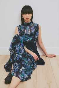 Junia Floral Tapestry High Neck Dress - Navy/Jade/Ecru