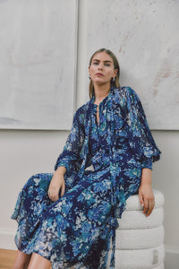 Aderyn Tapestry Print Tie Neck Blouse-Navy/Jade/Ecru