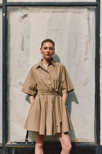 Alessia Short Sleeve Pleated Dress - KHAKI