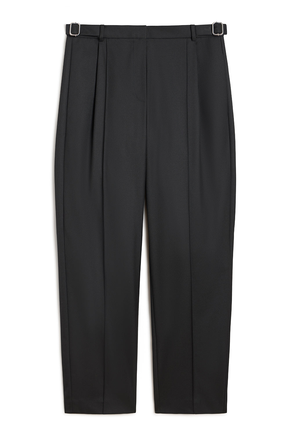 Black pleated trousers with a unique double-buckle belt detail, shown flat against a white background.