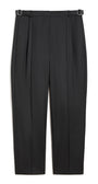 Black pleated trousers with a unique double-buckle belt detail, shown flat against a white background.