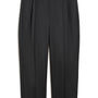 Black pleated trousers with a unique double-buckle belt detail, shown flat against a white background.