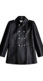 A black faux leather double-breasted jacket with silver-tone buttons, displayed on a clean white background.