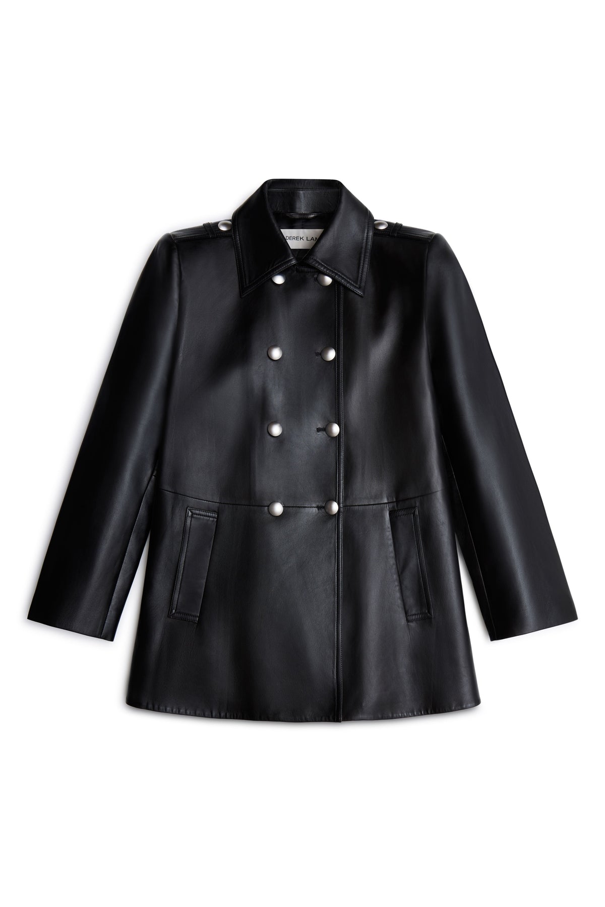 A black faux leather double-breasted jacket with silver-tone buttons, displayed on a clean white background.