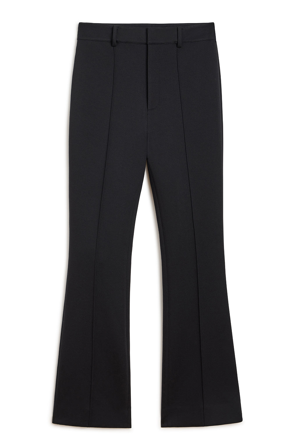 Black wide-leg trousers with a front crease and belt loops, shown flat against a white background.