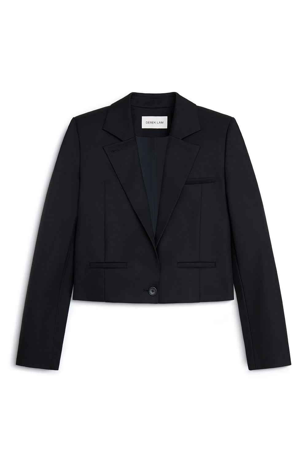 A black cropped blazer with notched lapels, flap pockets, and a single button closure, shown flat against a white background.