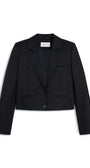 A black cropped blazer with notched lapels, flap pockets, and a single button closure, shown flat against a white background.