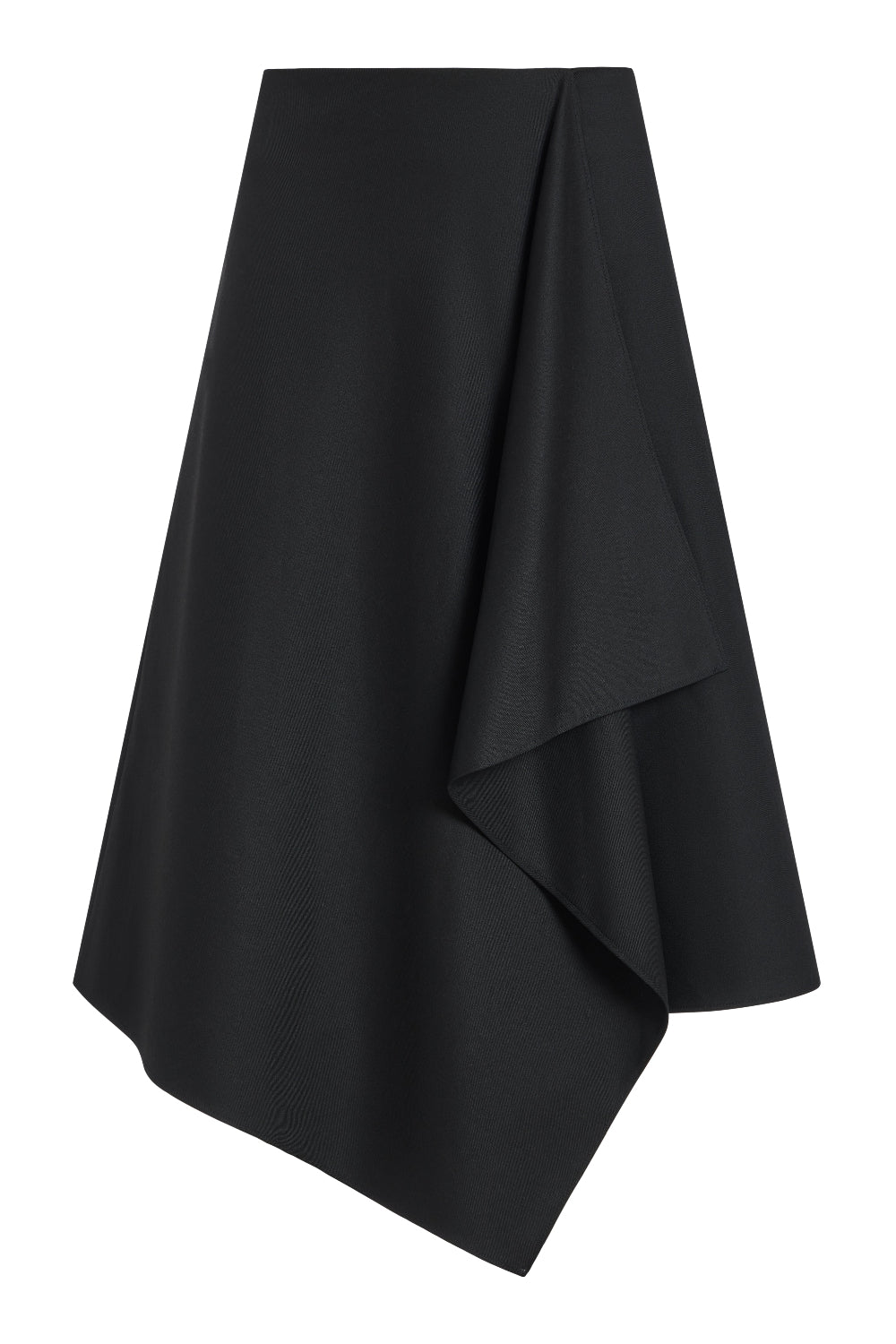 A black asymmetrical draped skirt with a layered, ruffled hem, shown against a plain white background.