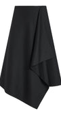 A black asymmetrical draped skirt with a layered, ruffled hem, shown against a plain white background.