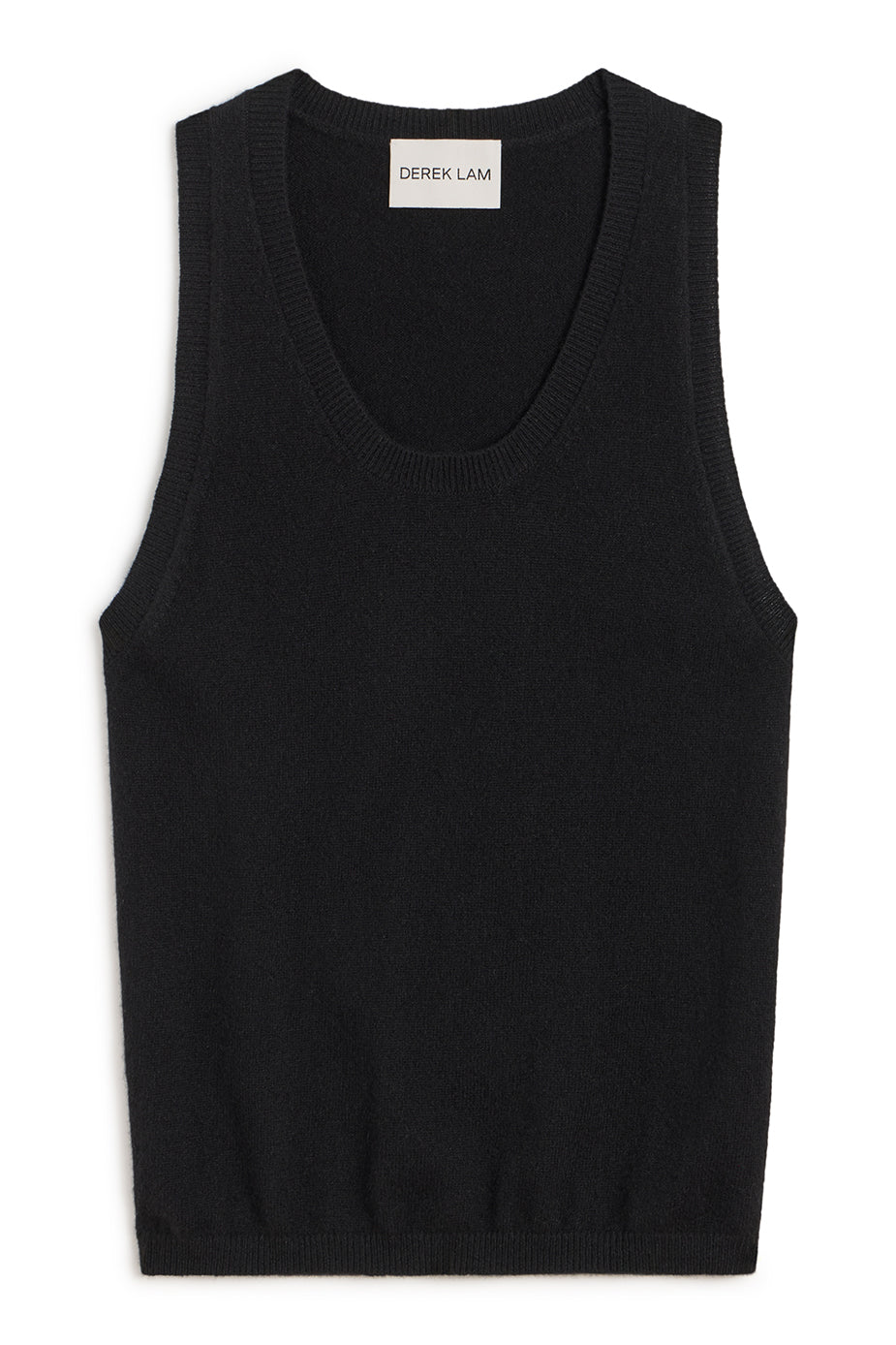 A black sleeveless knit tank top with a wide scoop neckline, shown flat against a plain white background. The brand name 'DEREK LAM' is visible on the inner neck label.