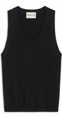 A black sleeveless knit tank top with a wide scoop neckline, shown flat against a plain white background. The brand name 'DEREK LAM' is visible on the inner neck label.
