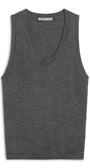 A darkgrey sleeveless knit tank top with a wide scoop neckline, shown flat against a plain white background. The brand name 'DEREK LAM' is visible on the inner neck label.