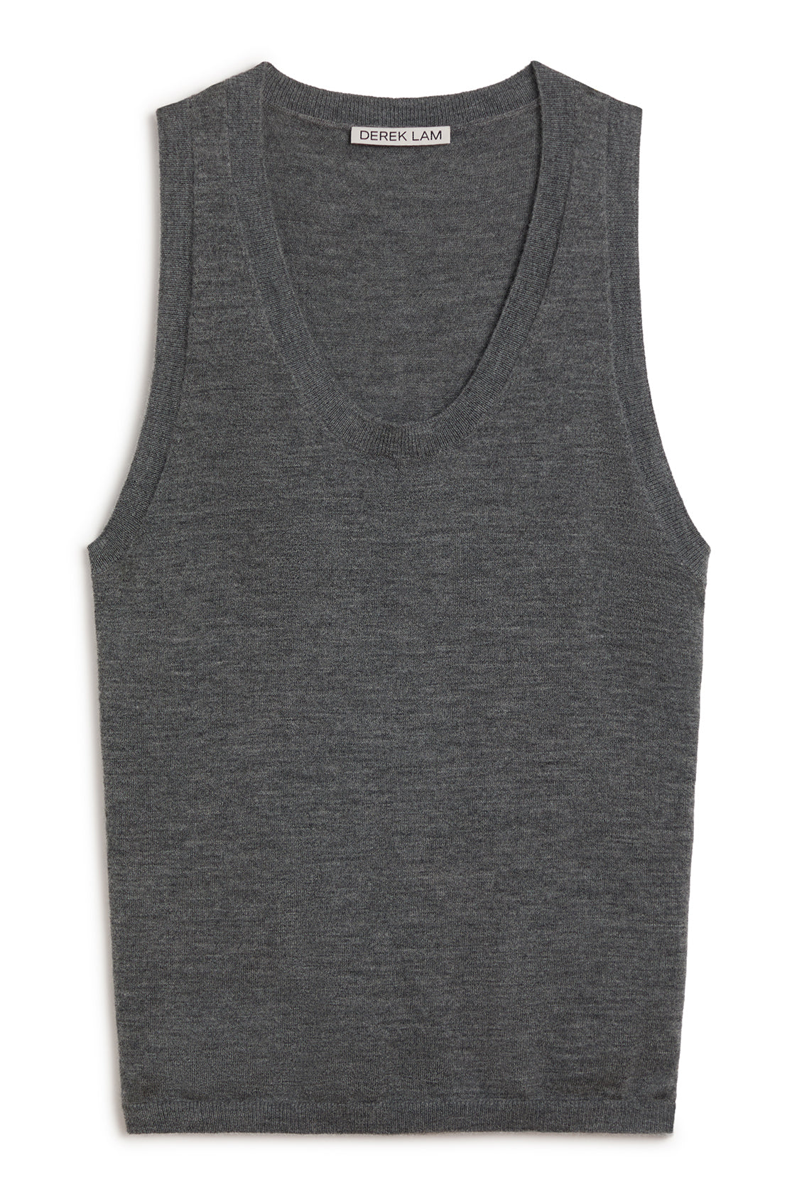 A darkgrey sleeveless knit tank top with a wide scoop neckline, shown flat against a plain white background. The brand name 'DEREK LAM' is visible on the inner neck label.