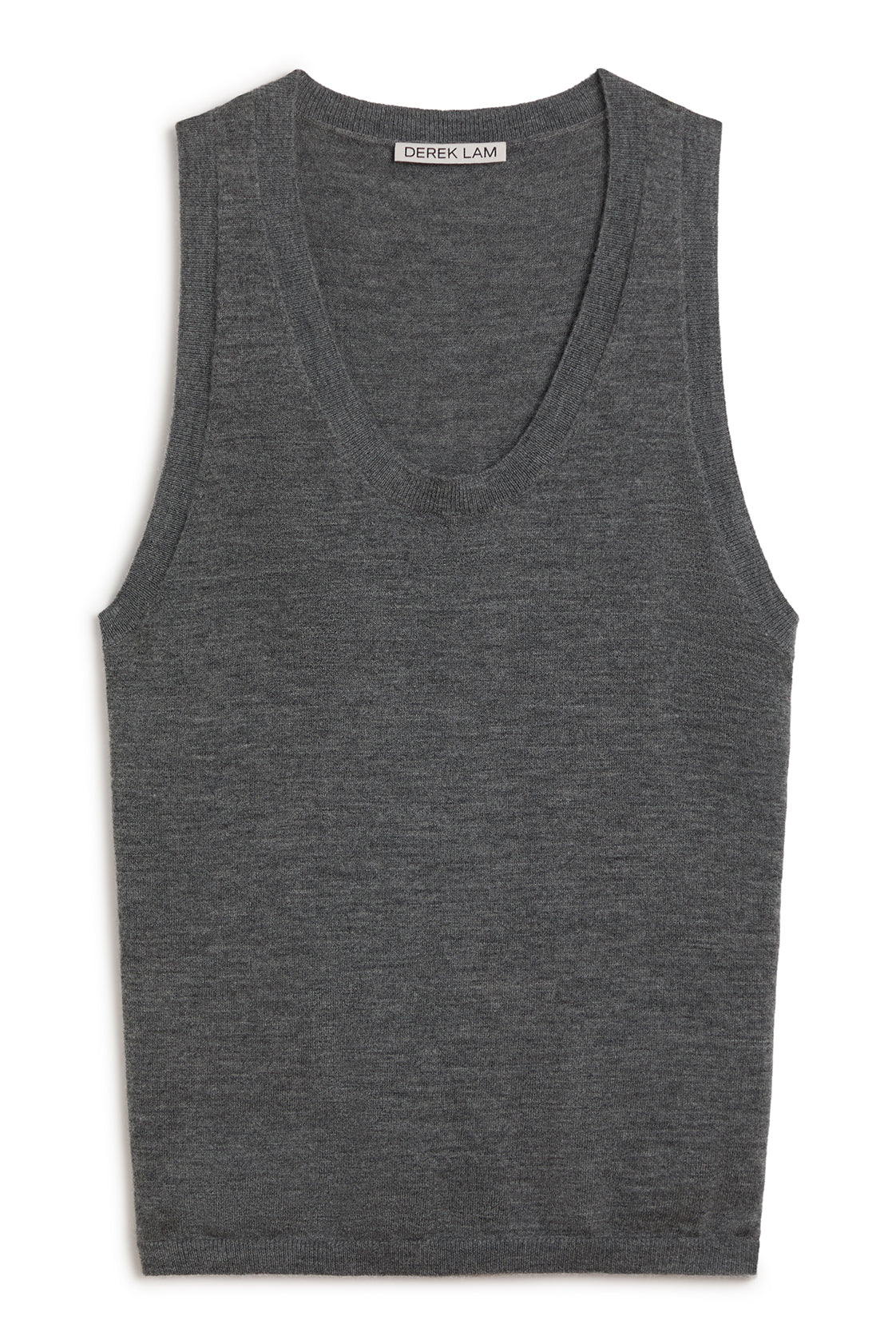 A darkgrey sleeveless knit tank top with a wide scoop neckline, shown flat against a plain white background. The brand name 'DEREK LAM' is visible on the inner neck label.