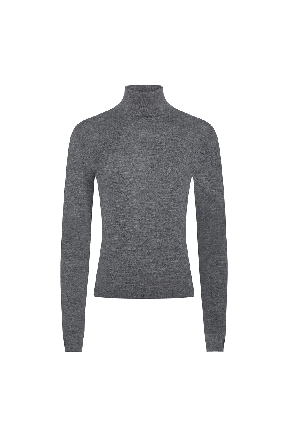 Grey wool and cashmere turtleneck on white background.