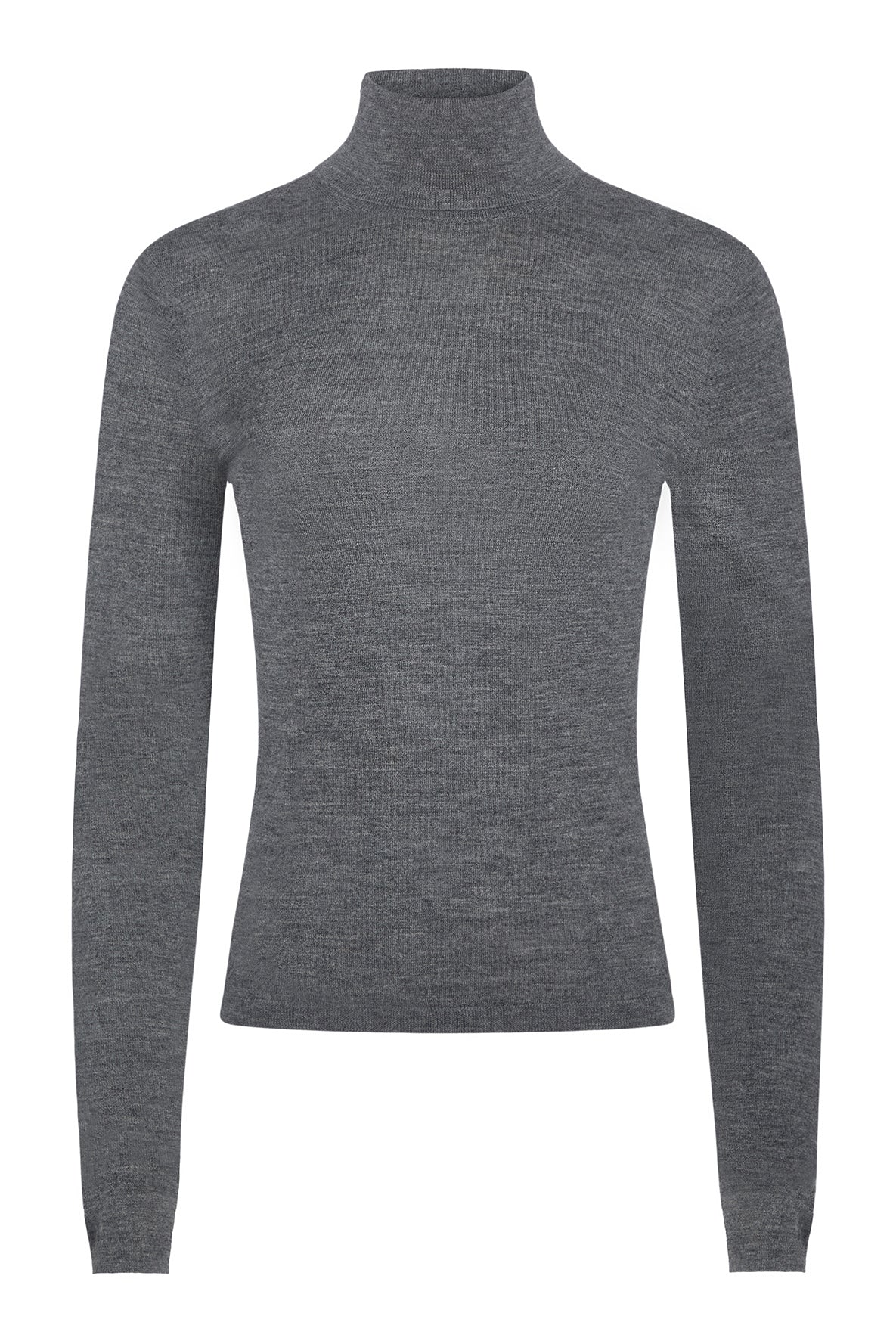 A dark gray long-sleeve turtleneck sweater displayed on a clean white background.