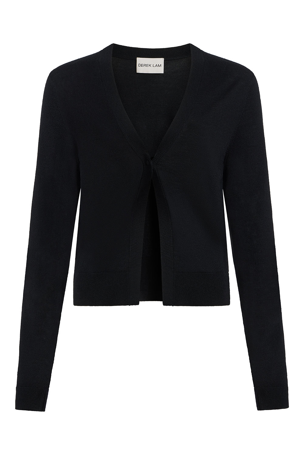A black long-sleeve knit cardigan by Cleo de Lange, featuring a V-neckline and a front button closure, displayed on a clean white background.