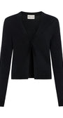 A black long-sleeve knit cardigan by Cleo de Lange, featuring a V-neckline and a front button closure, displayed on a clean white background.