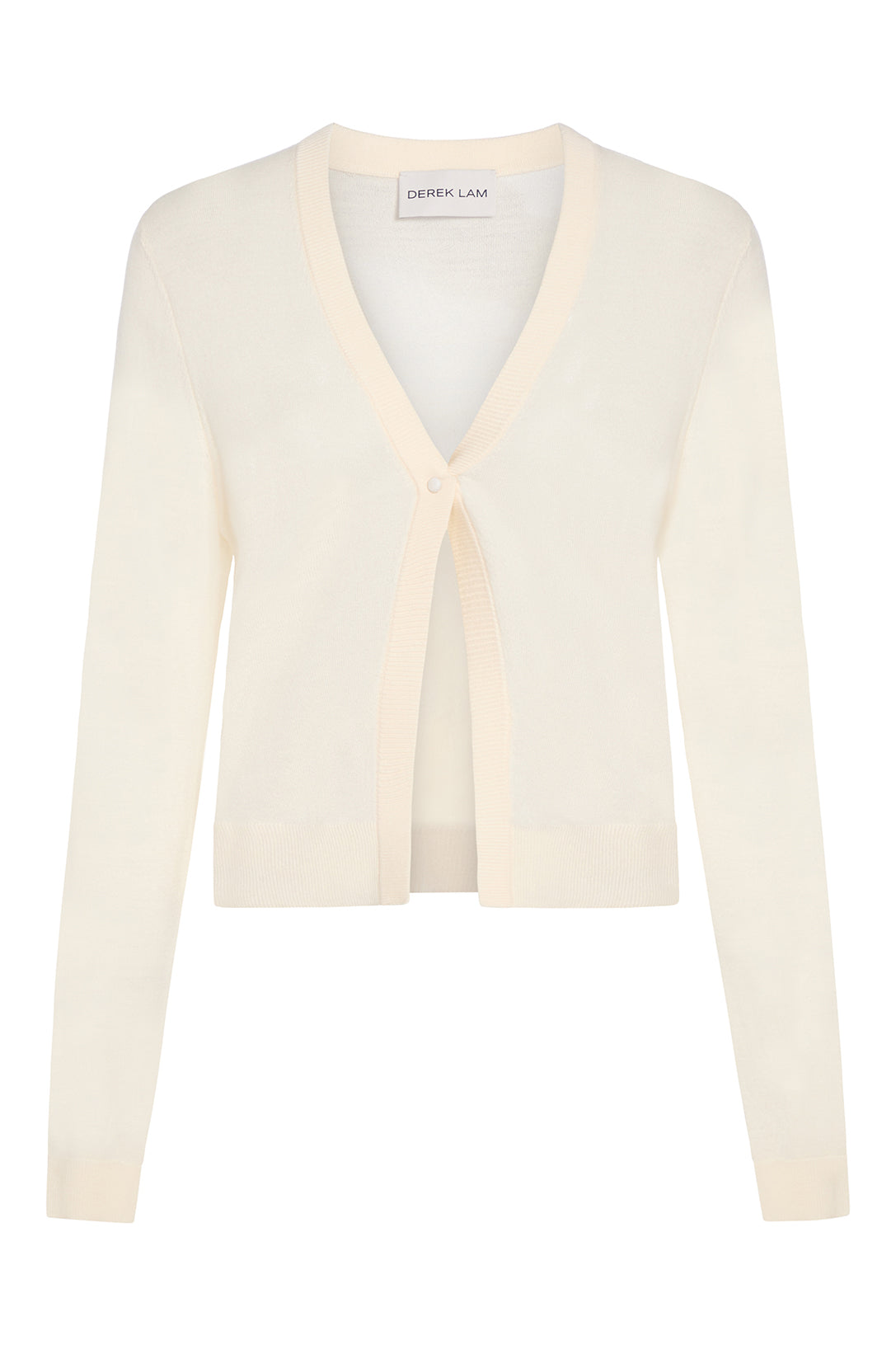 A cream-colored long-sleeve knit cardigan by Gersha Lam, featuring a V-neckline with a tie-front button closure, shown against a plain white background.