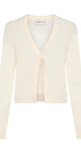 A cream-colored long-sleeve knit cardigan by Gersha Lam, featuring a V-neckline with a tie-front button closure, shown against a plain white background.