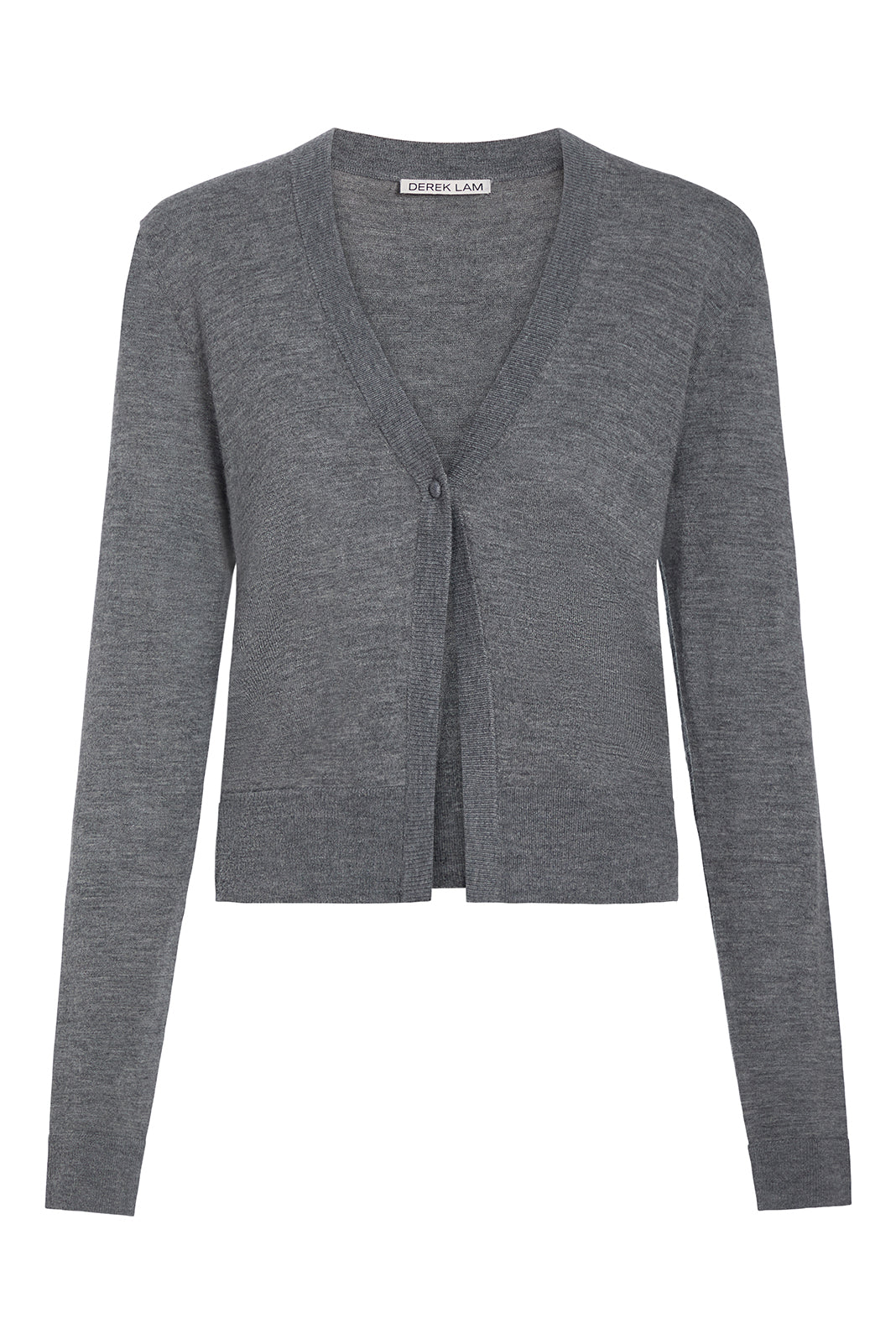 A gray long-sleeve knit cardigan with a V-neck and front buttons, shown on a plain white background.