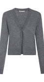 A gray long-sleeve knit cardigan with a V-neck and front buttons, shown on a plain white background.