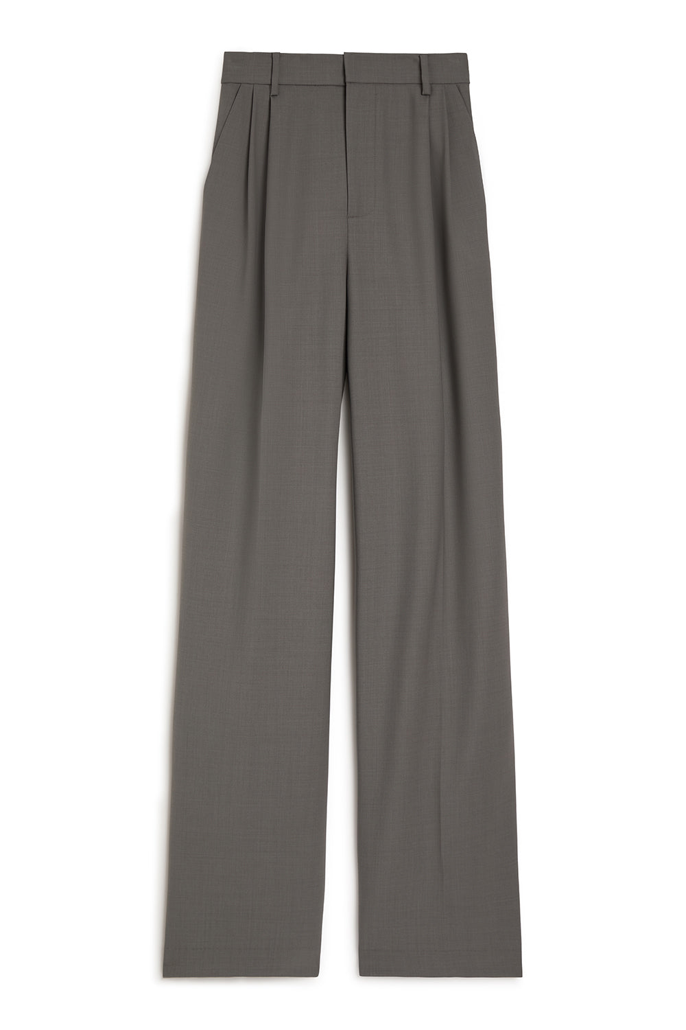 A pair of dark gray wide-leg trousers with front pleats, shown flat against a plain white background.