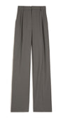 A pair of dark gray wide-leg trousers with front pleats, shown flat against a plain white background.