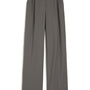 A pair of dark gray wide-leg trousers with front pleats, shown flat against a plain white background.