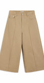 A pair of beige wide-leg cropped pants with front pleats, shown flat against a plain white background.