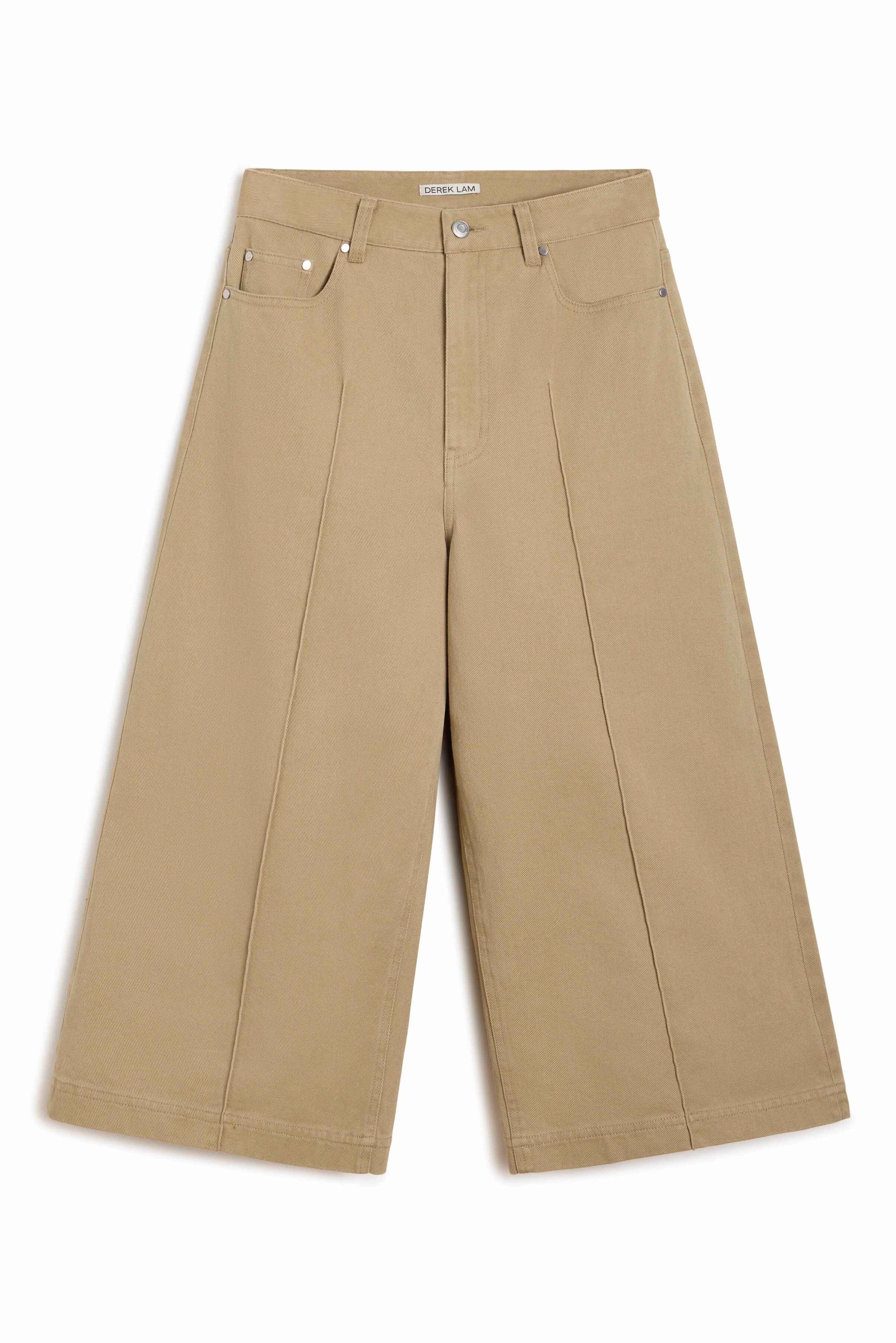 A pair of beige wide-leg cropped pants with front pleats, shown flat against a plain white background.