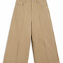 A pair of beige wide-leg cropped pants with front pleats, shown flat against a plain white background.