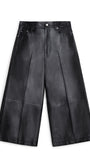 Black faux leather cropped wide-leg pants with pleated front panels, shown flat on a white background.