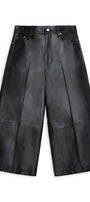 Black faux leather cropped wide-leg pants with pleated front panels, shown flat on a white background.