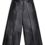 Black faux leather cropped wide-leg pants with pleated front panels, shown flat on a white background.