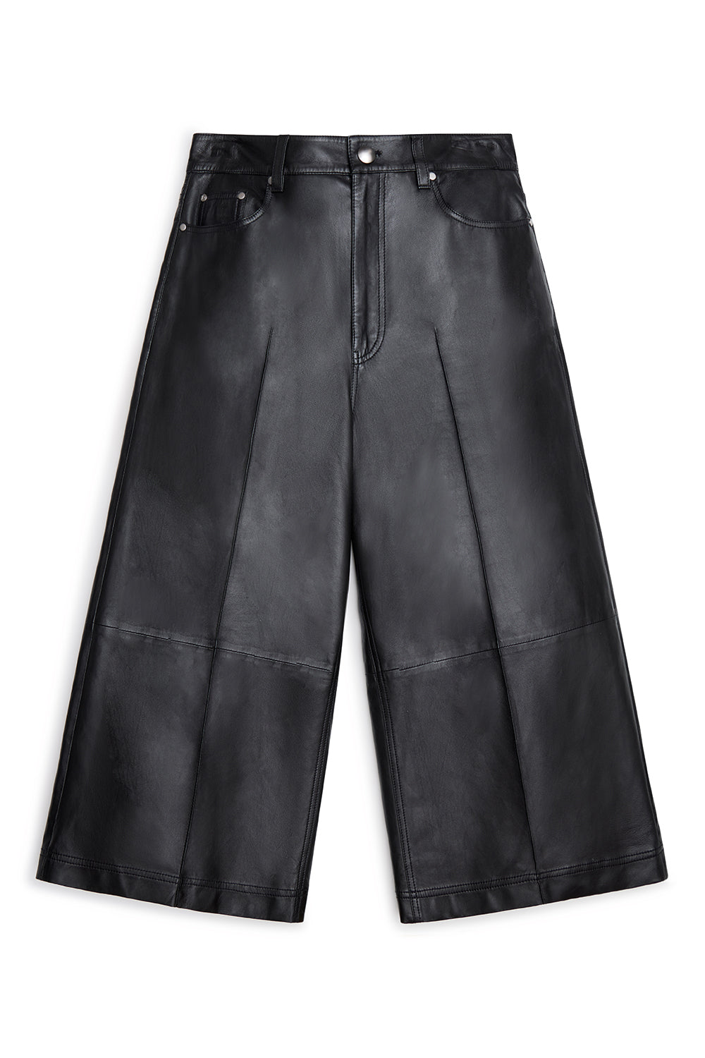 Black faux leather cropped wide-leg pants with pleated front panels, shown flat on a white background.