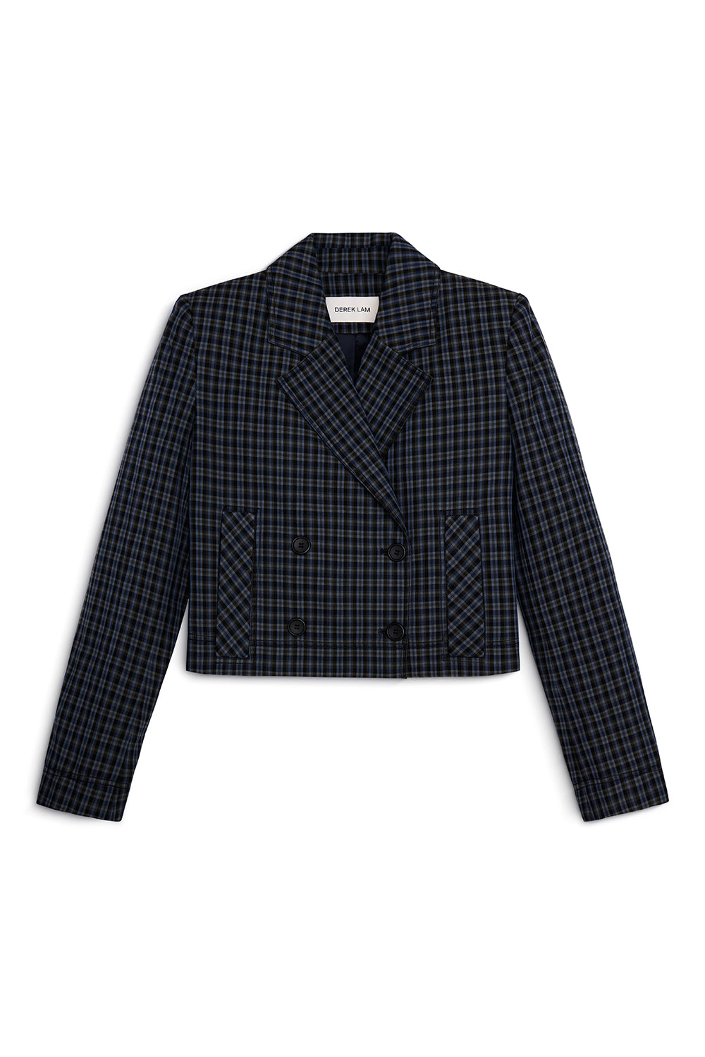 A cropped double-breasted blazer in a dark navy and black plaid pattern, featuring notched lapels and front flap pockets, shown against a plain white background.