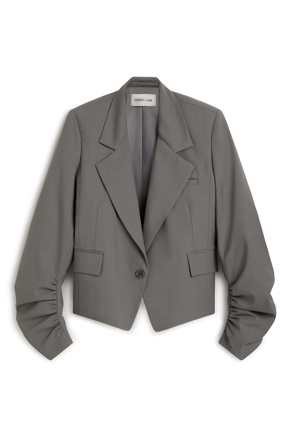 A gray cropped blazer with dramatic gathered sleeves, shown flat against a white background. 