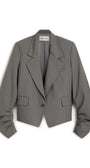 A gray cropped blazer with dramatic gathered sleeves, shown flat against a white background. 