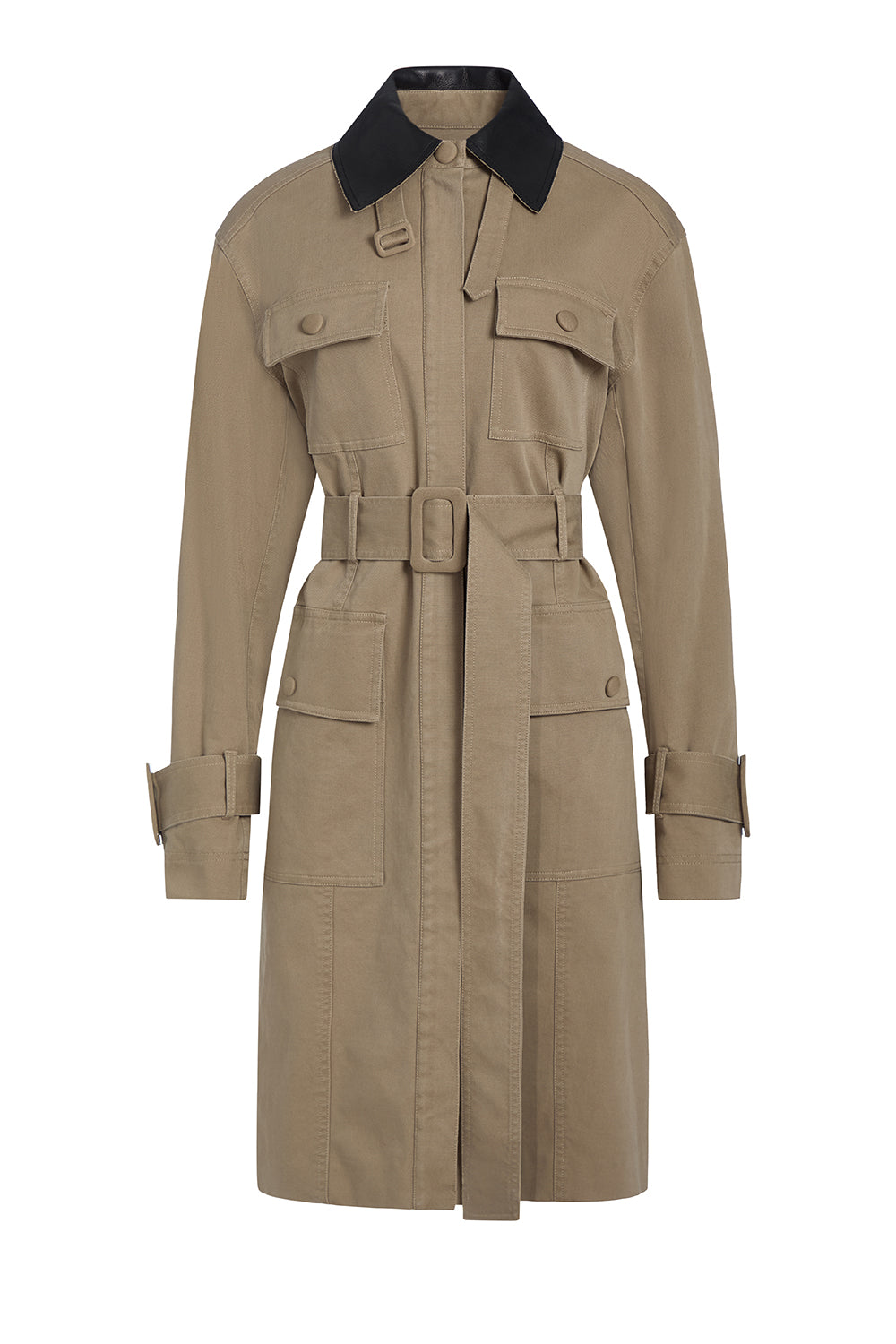 A beige trench coat with a contrasting black collar, featuring a belt, chest flap pockets, and lower patch pockets, shown against a plain white background.