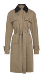 A beige trench coat with a contrasting black collar, featuring a belt, chest flap pockets, and lower patch pockets, shown against a plain white background.