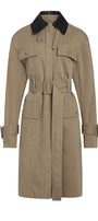 A beige trench coat with a contrasting black collar, featuring a belt, chest flap pockets, and lower patch pockets, shown against a plain white background.