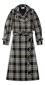 A long double-breasted plaid trench coat with a matching waist belt, shown flat against a plain white background.