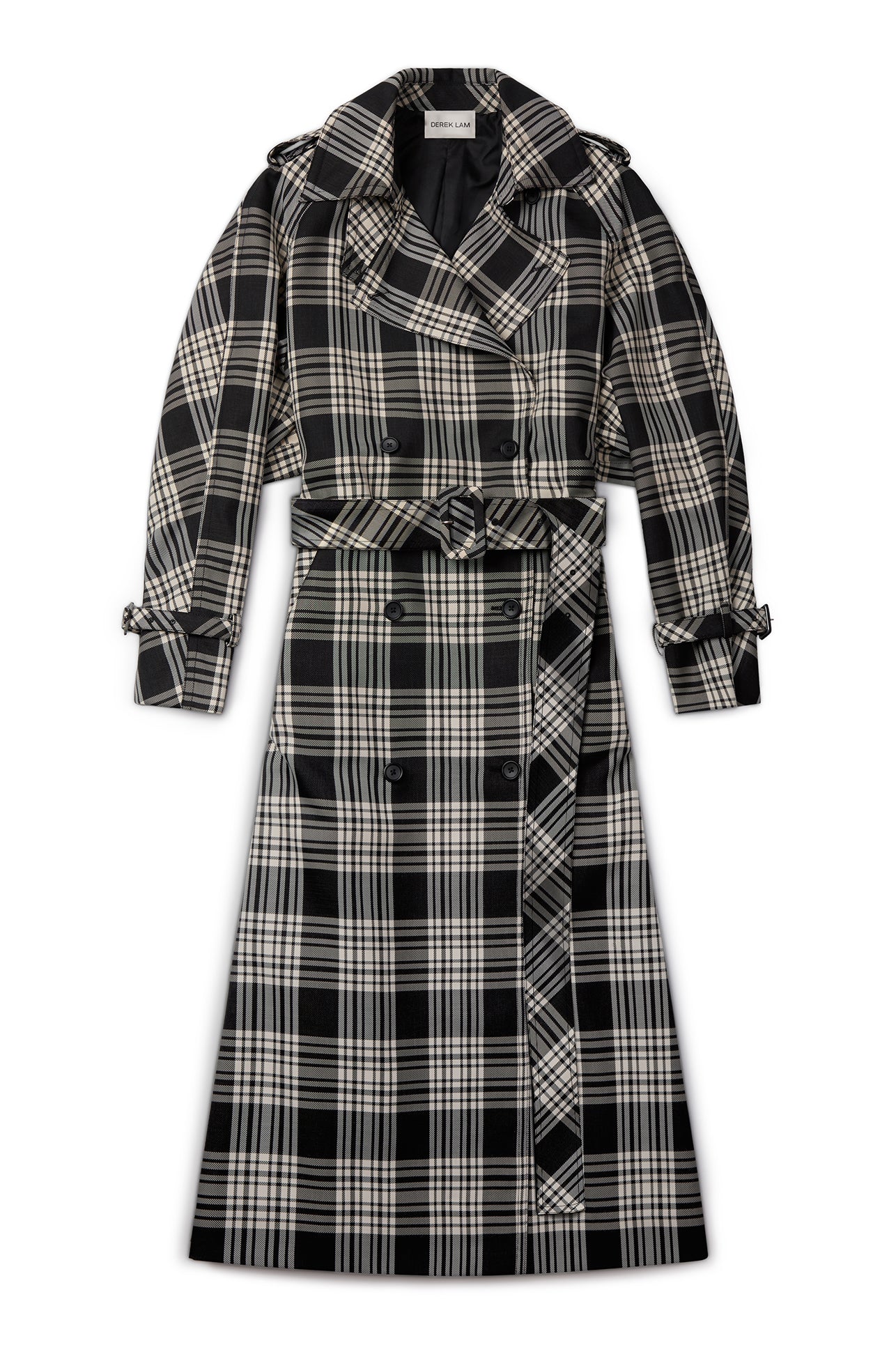 A long double-breasted plaid trench coat with a matching waist belt, shown flat against a plain white background.