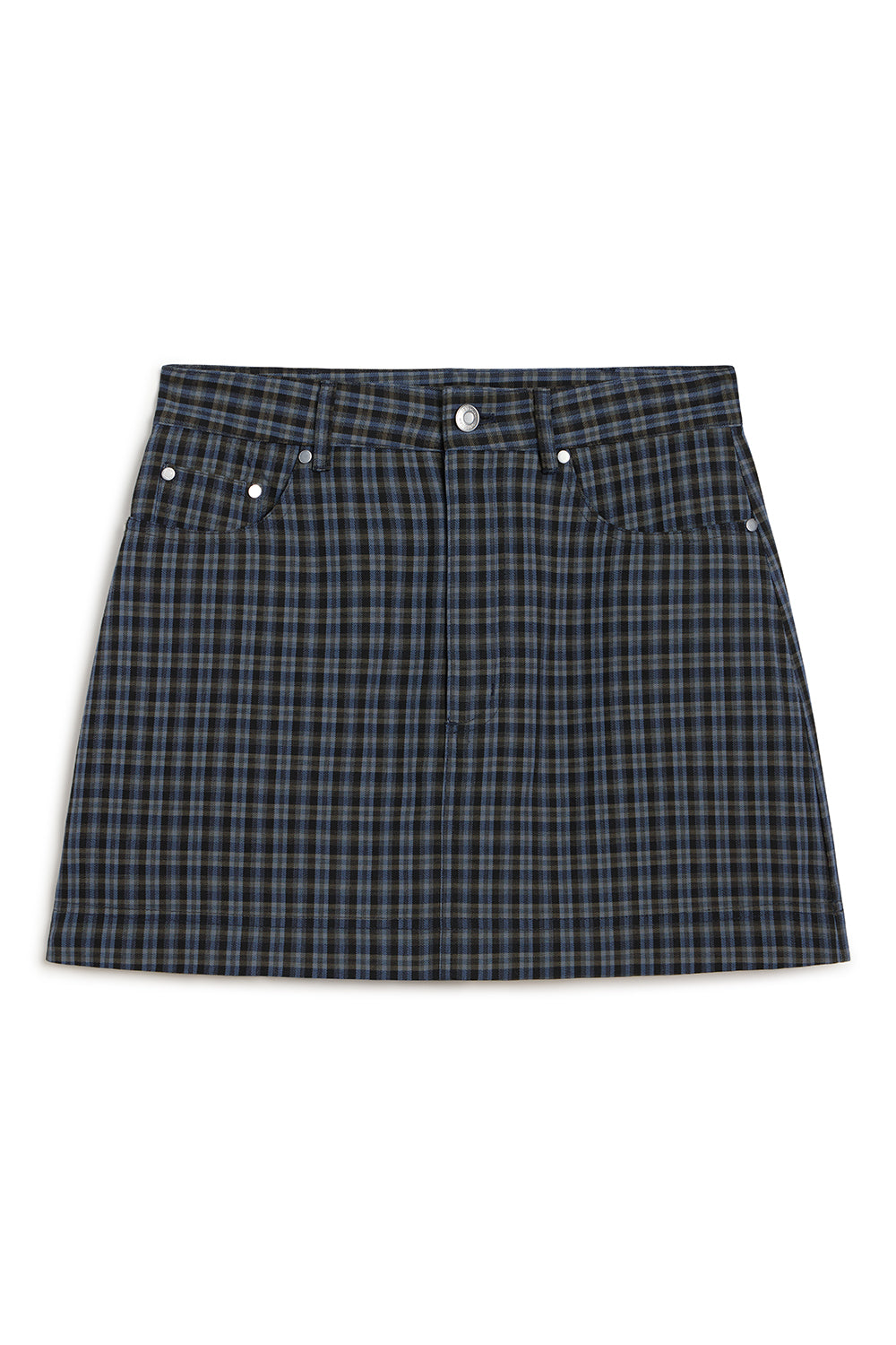 A dark navy and black plaid mini skirt with silver button details on the front waistband, shown flat against a white background.