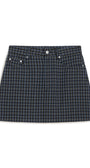 A dark navy and black plaid mini skirt with silver button details on the front waistband, shown flat against a white background.