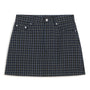 A dark navy and black plaid mini skirt with silver button details on the front waistband, shown flat against a white background.