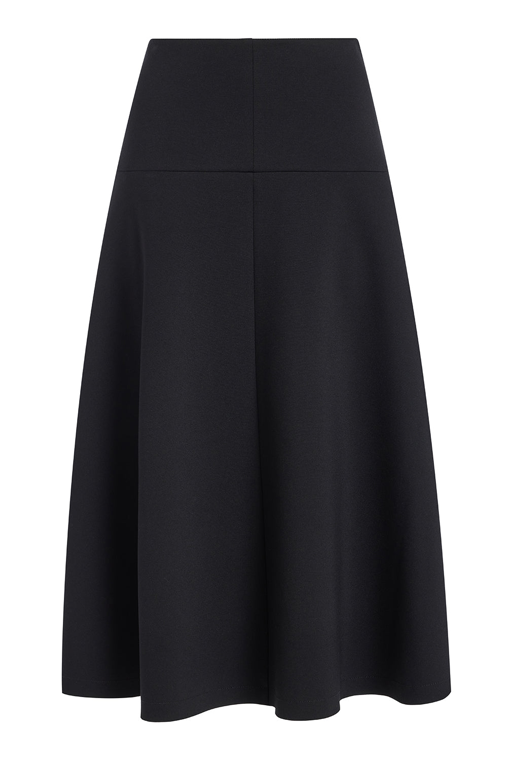 A black high-waisted A-line midi skirt with a structured waistband, shown against a plain white background.