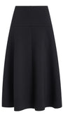 A black high-waisted A-line midi skirt with a structured waistband, shown against a plain white background.